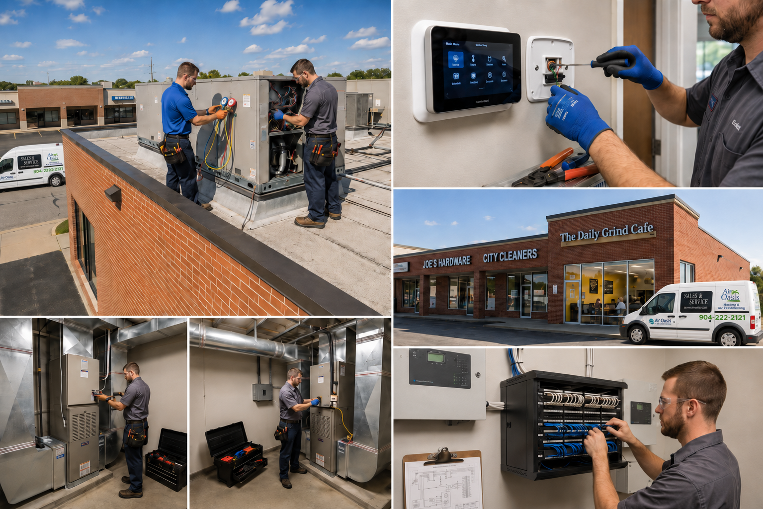 Air Oasis light commercial HVAC, controls, and service collage