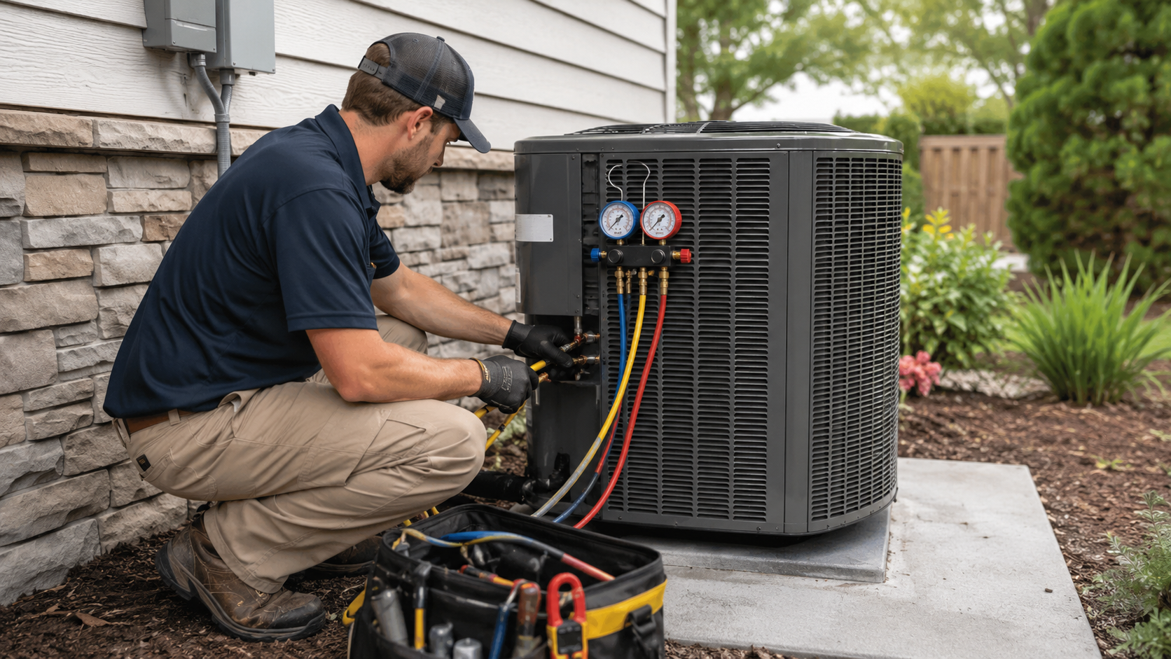 Air Oasis technician servicing an outdoor HVAC condenser