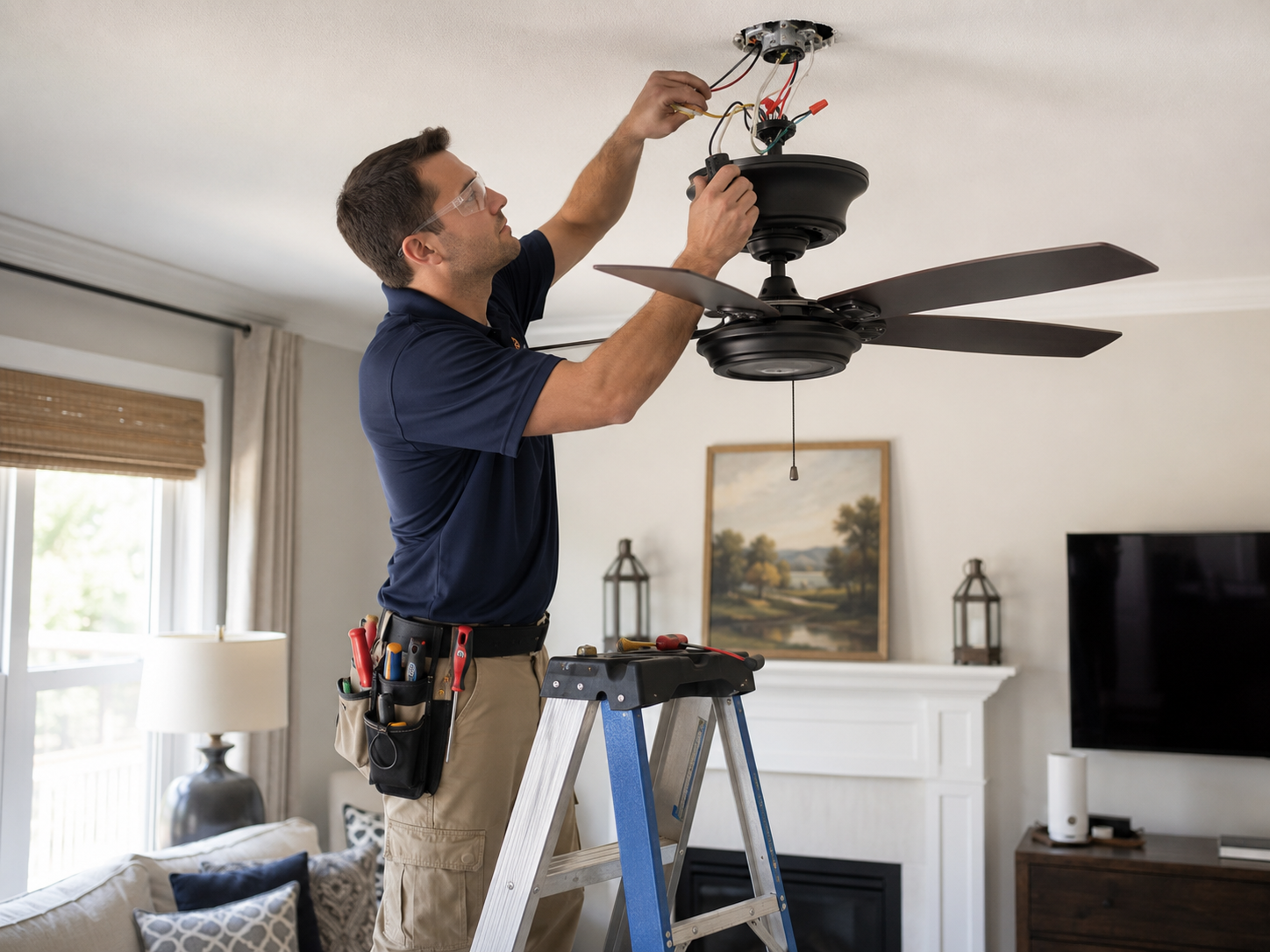Bright Day Electric technician installing a ceiling fan