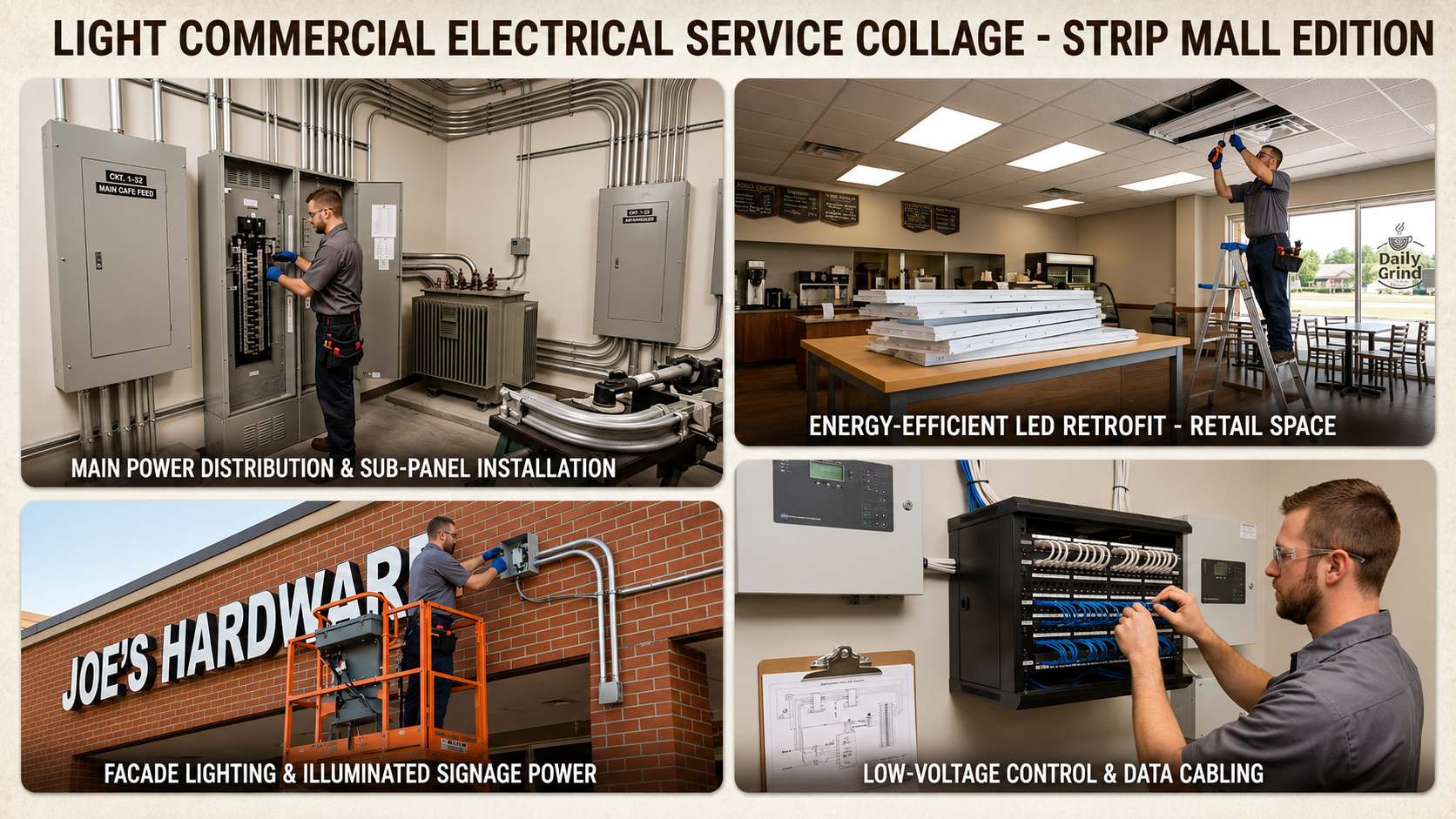 Bright Day light commercial electrical service collage