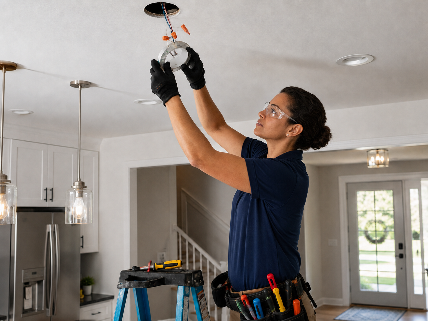 Woman electrician installing recessed lighting