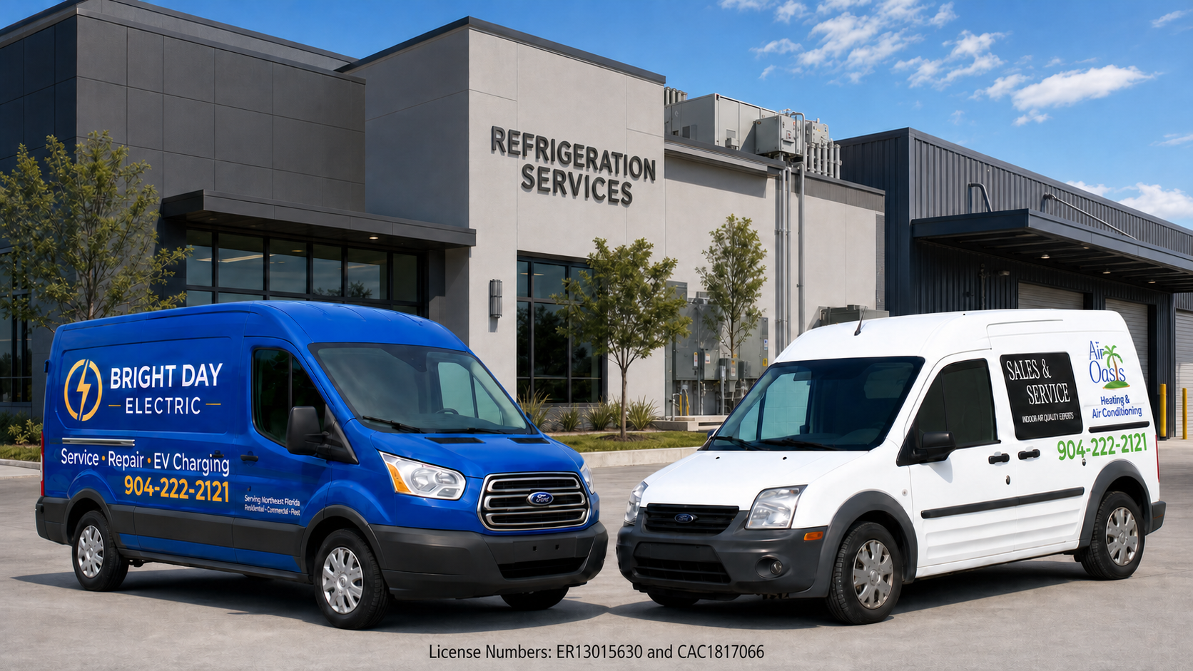 Bright Day Electric and Air Oasis service vans outside a commercial refrigeration services facility