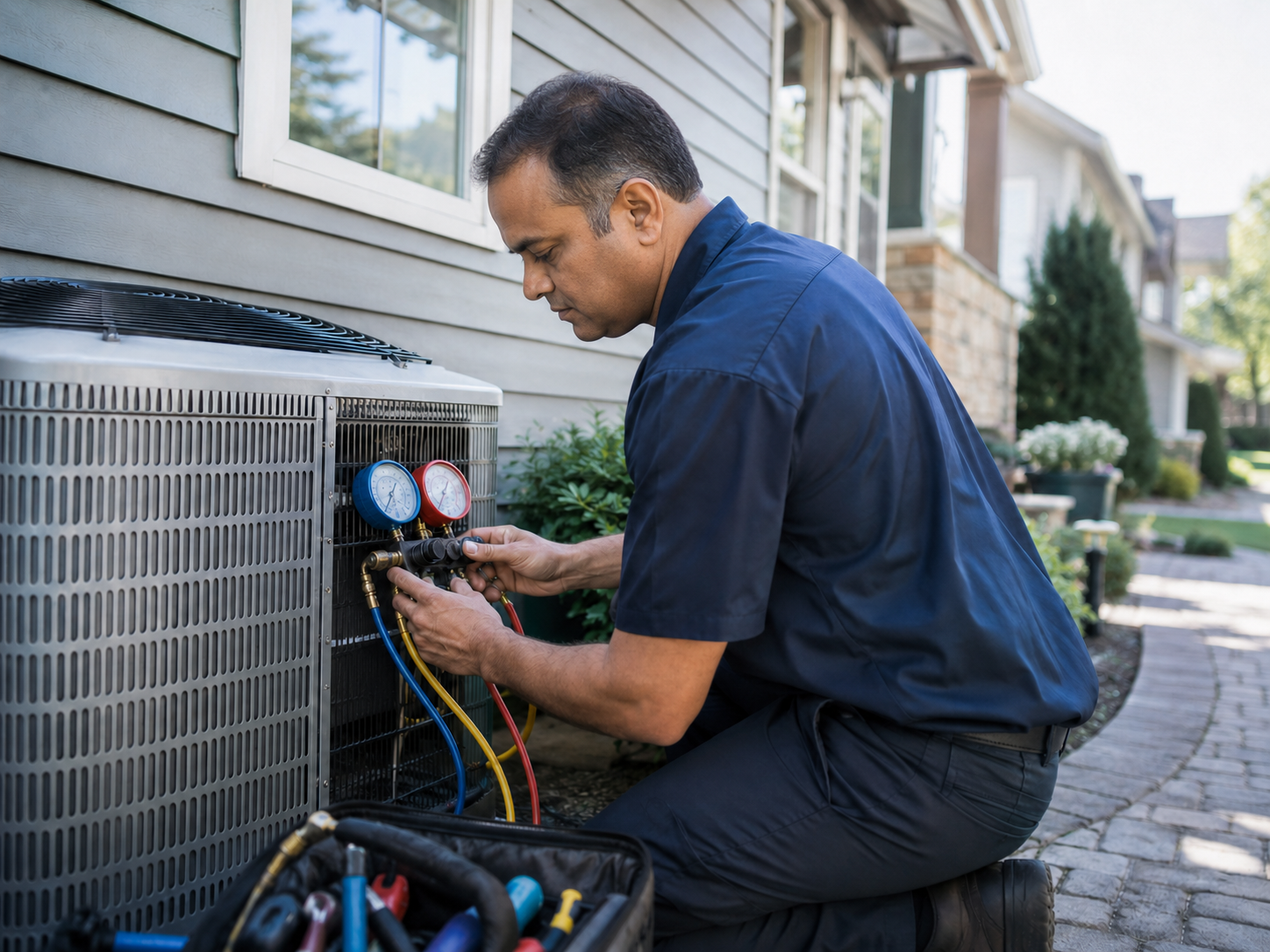 HVAC technician servicing an outdoor air conditioning unit