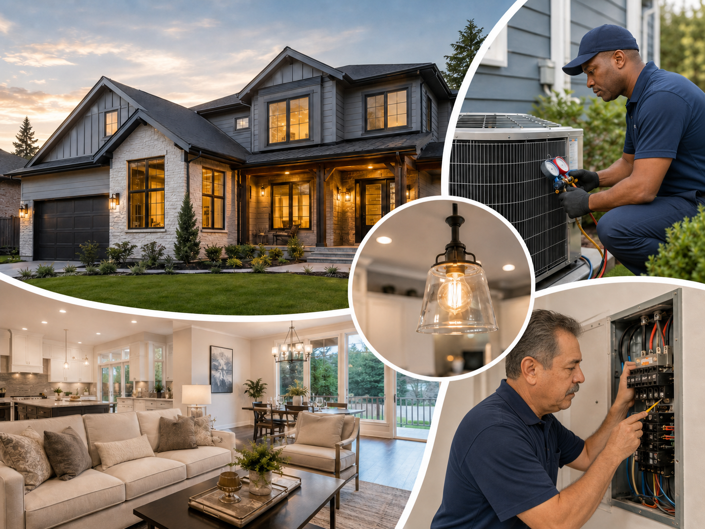 Home electrical and HVAC service collage showing comfort, lighting, and technician work