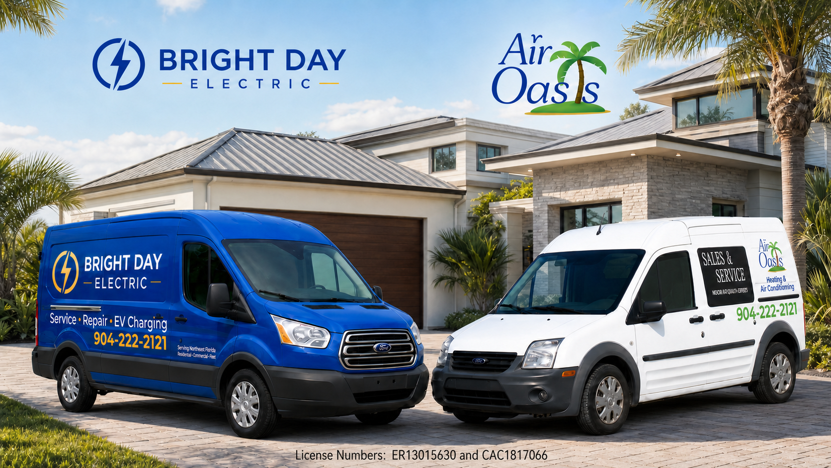 Bright Day Electric and Air Oasis service vans outside a Florida home
