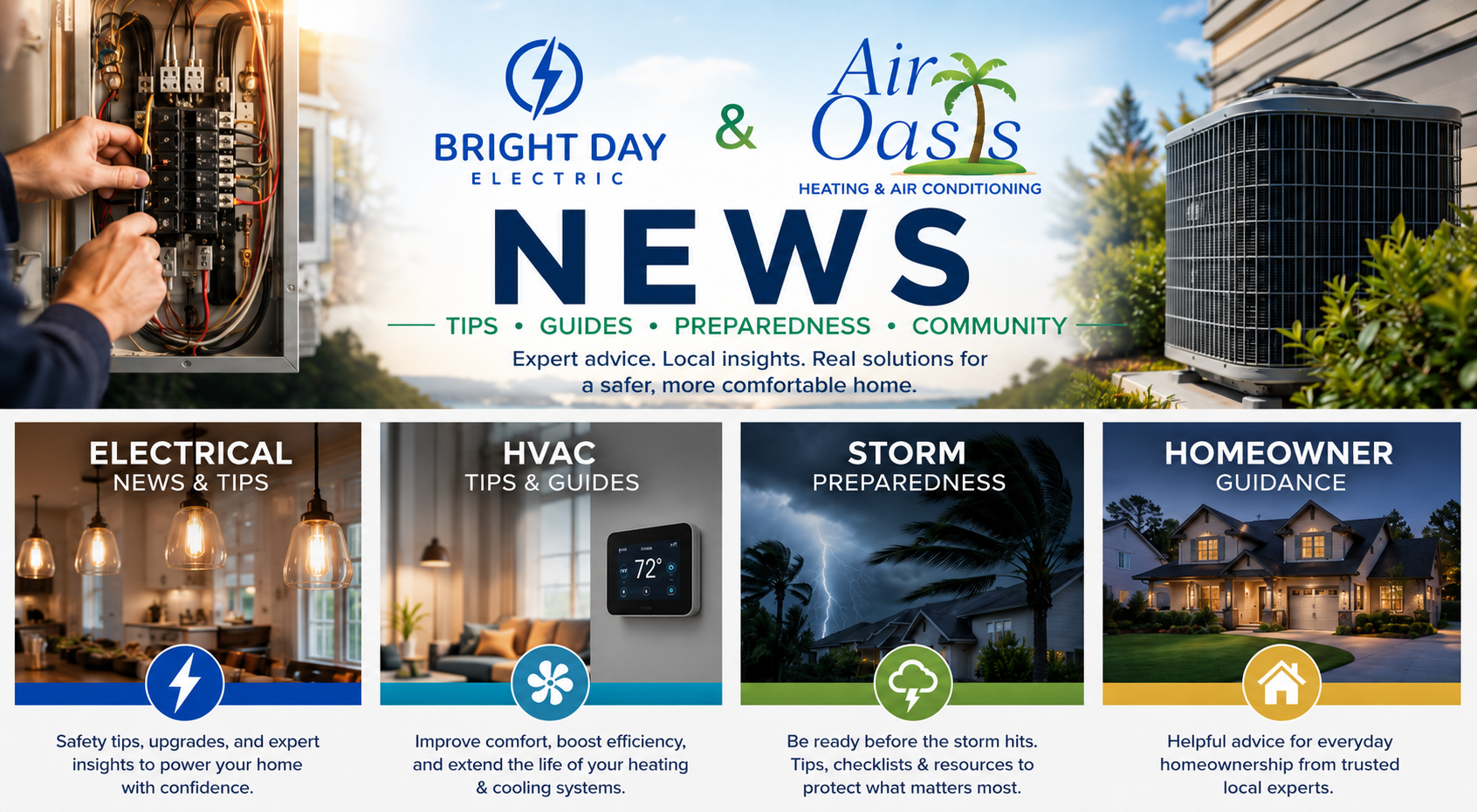 Bright Day Electric and Air Oasis news and resources graphic with Electrical, HVAC, Storm, and Homeowner categories